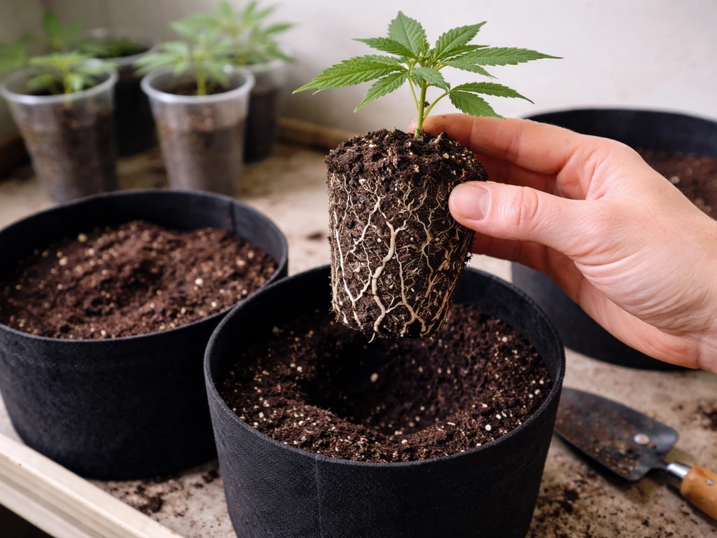 Small cannabis seedlings with visible roots being moved from solo cups into larger pots with fresh soil.