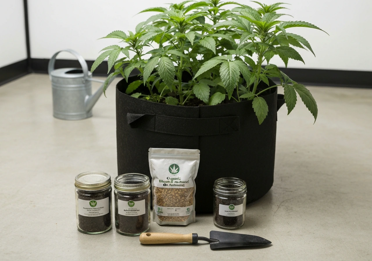 Indoor grow container with neatly arranged unlabeled organic amendments and small jars beside it.