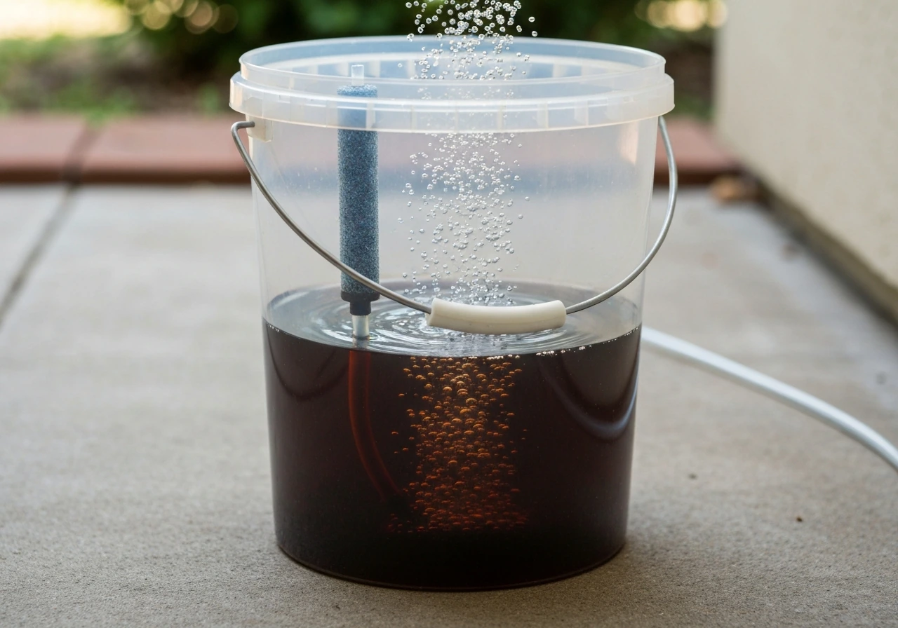 A 5-gallon bucket of dark compost tea with an air stone bubbling in dechlorinated water