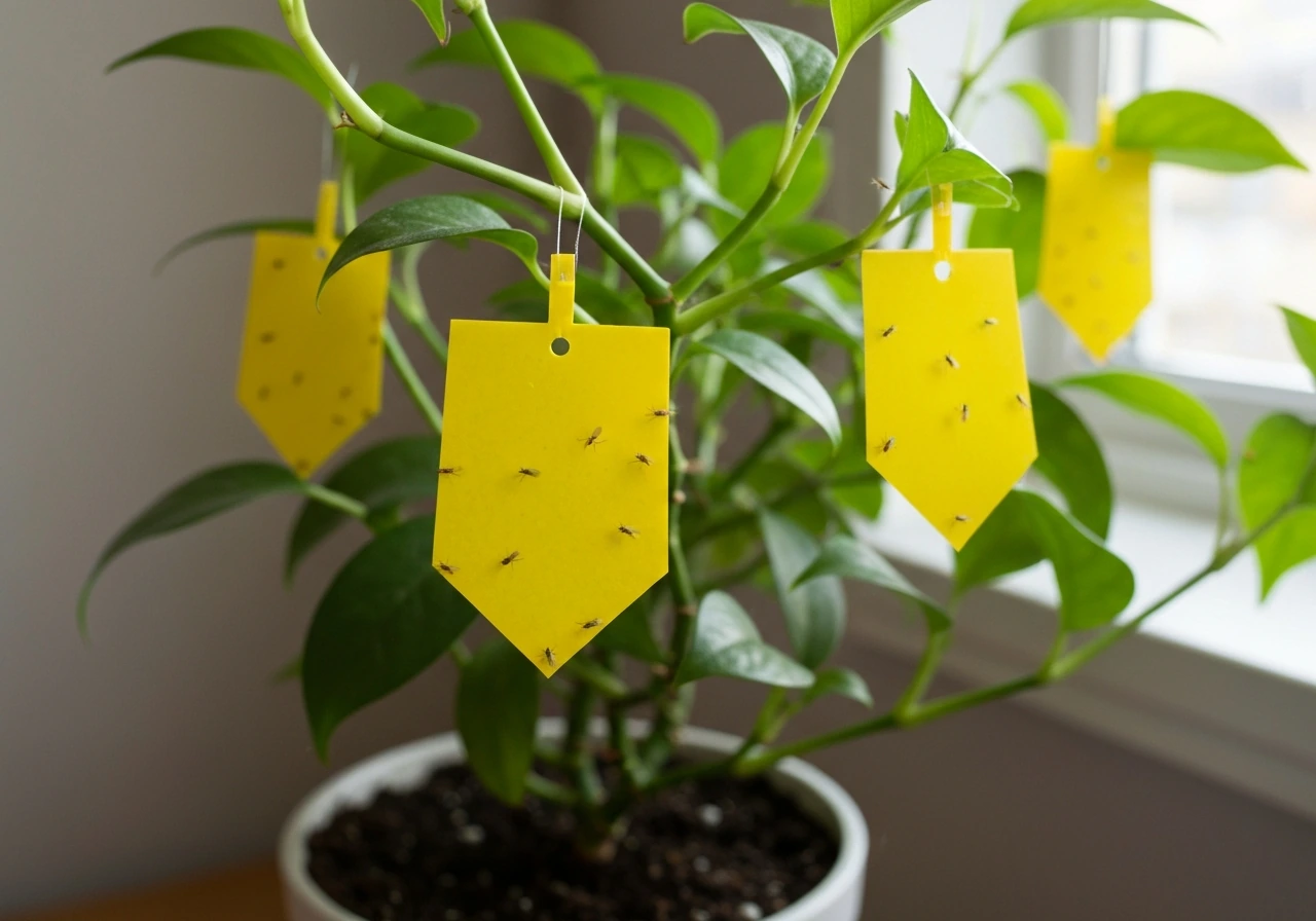 Yellow sticky traps hanging at canopy height with small insects stuck on them next to a healthy green plant.