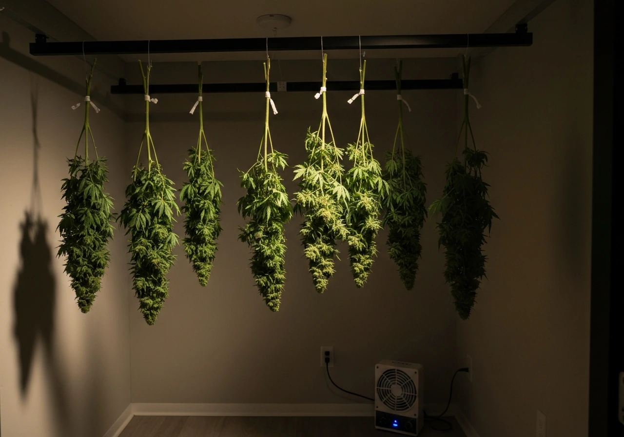 Dark indoor drying room with whole plant branches hung upside down for controlled curing