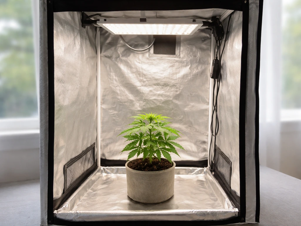 Minimal 2x2 ft grow tent with an LED panel and a single potted indoor plant under warm light
