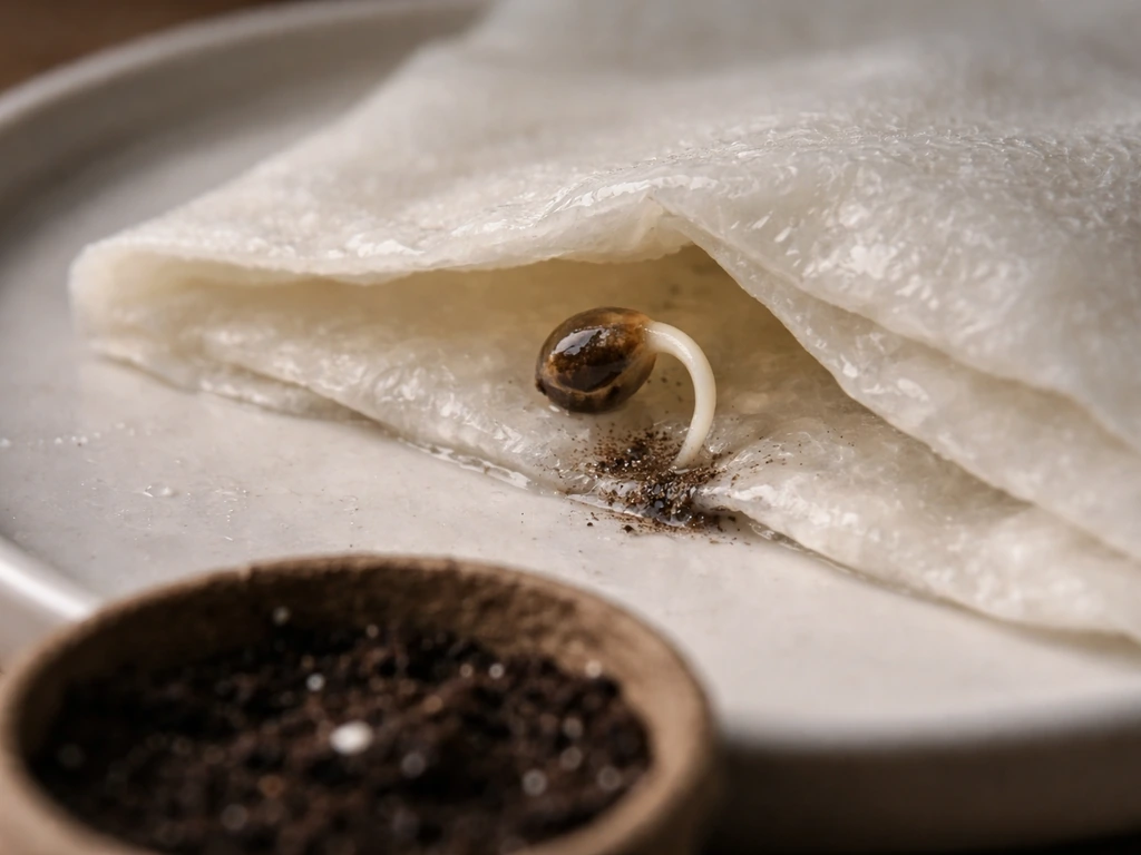 Close-up of a cannabis seed germinating under a damp paper towel and emerging roots in soil starter medium.