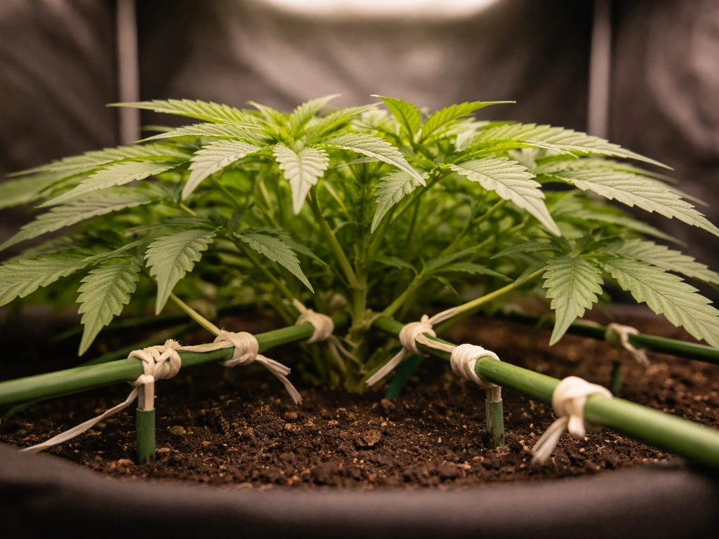 Single cannabis plant under canopy with branches gently bent and tied using soft plant ties.