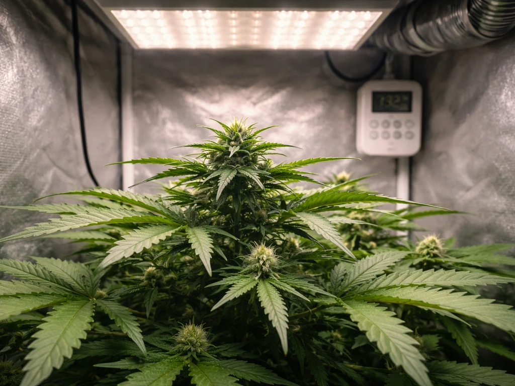Indoor grow tent with an LED light timer and a plant canopy showing early bud formation under 12/12 lighting.