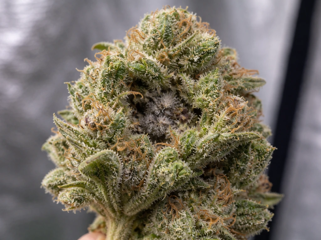 Close-up of a dense bud with subtle dark gray mold-like spots inside tight crevices.