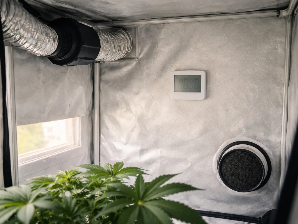 Minimal grow tent scene with a mounted temperature/humidity sensor and visible intake/exhaust airflow setup.