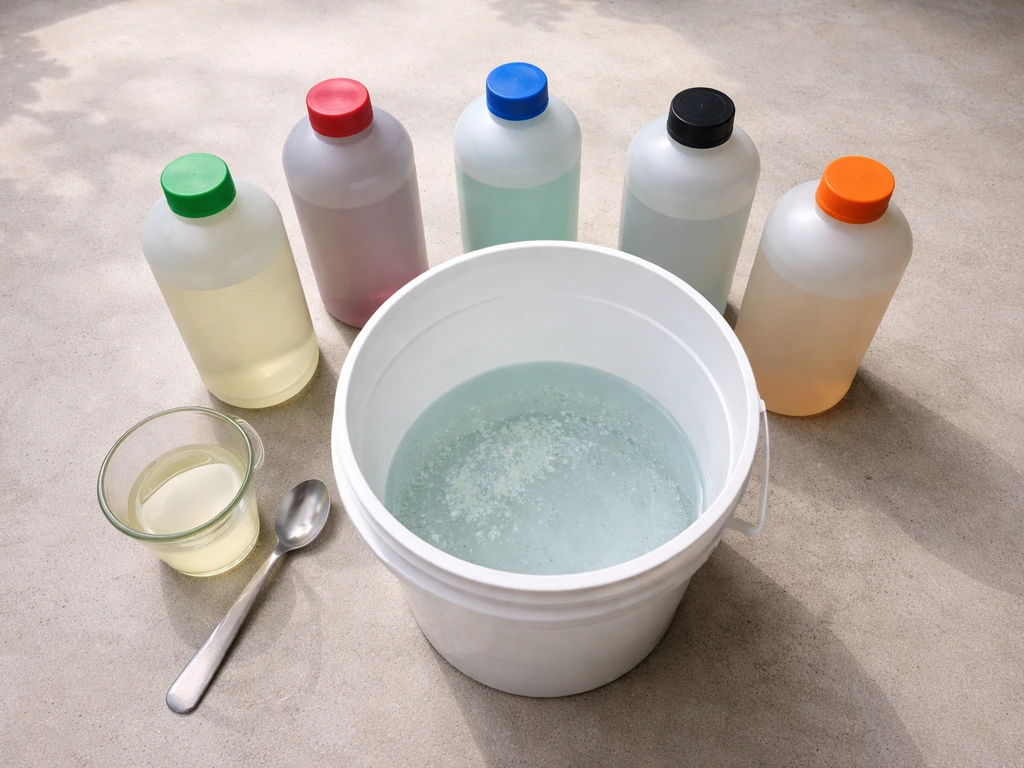 Overhead view of a clean bucket with nutrient mix, measuring cup, spoon, and generic bottles.