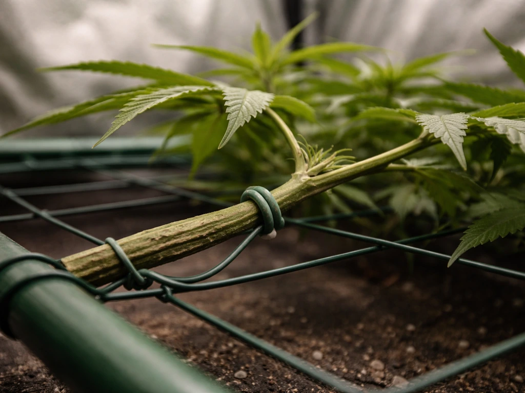 Close-up of an indoor plant branch bent and secured with tie-down wires for a flatter canopy.