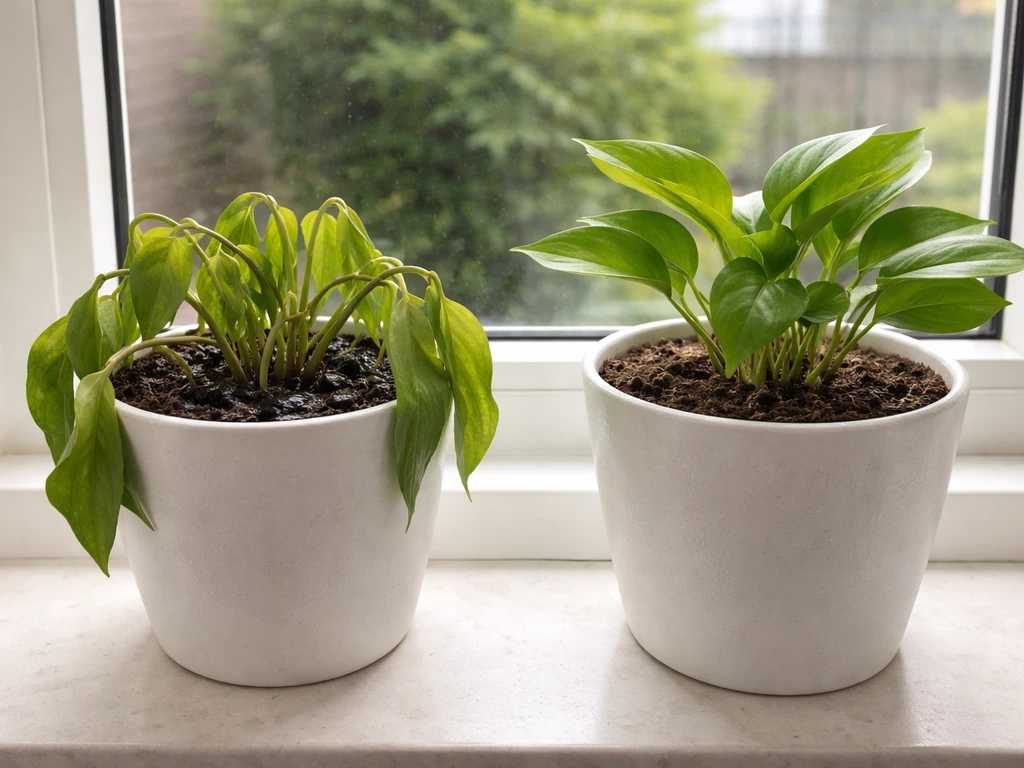 Two potted plants side by side: one drooping and waterlogged, the other upright with dry-looking soil.