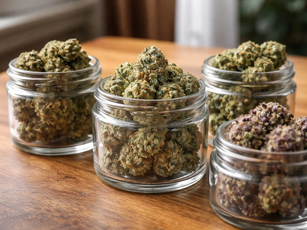 Four clear jars of different Kush bud samples on a wooden table, with the central Critical Kush jar highlighted.