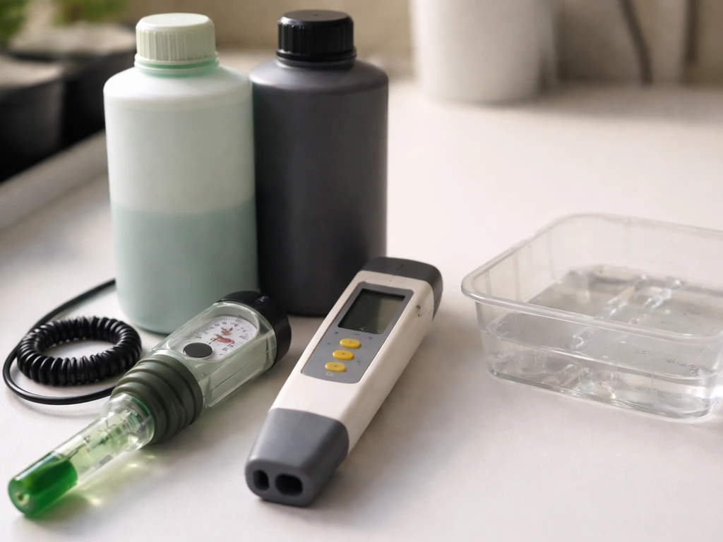 pH meter and EC/ppm reader beside nutrient bottles and a small mixing tray on a grow-room table