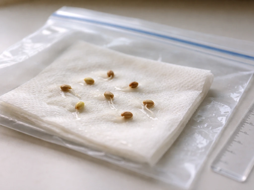 Close-up of damp folded paper towel with germinating seeds inside a clear plastic container, with a small ruler