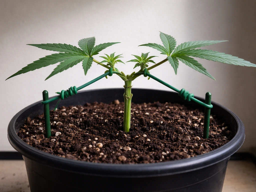 Young cannabis Kush plant trained with LST ties to stakes in a simple grow setup