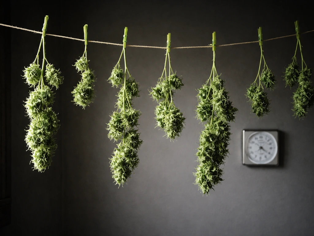 Trimmed cannabis branches hang in a dark drying room with a visible hygrometer/thermometer device.