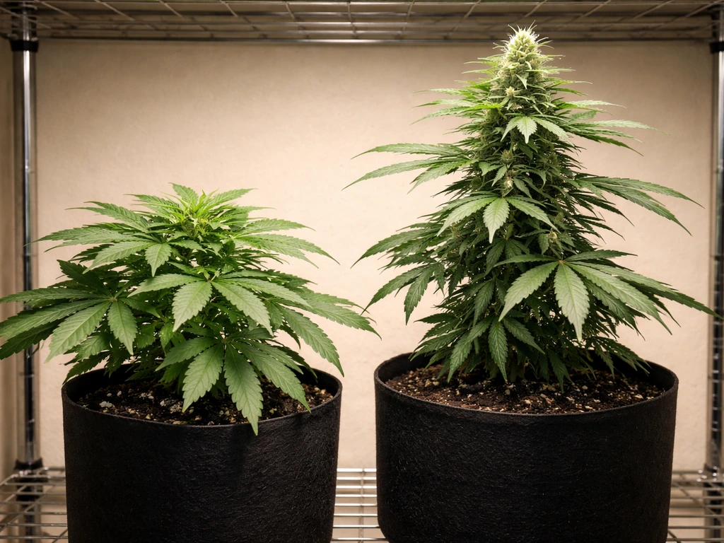 Two potted cannabis plants: one flowering under warm light, one smaller and green waiting for daylength.