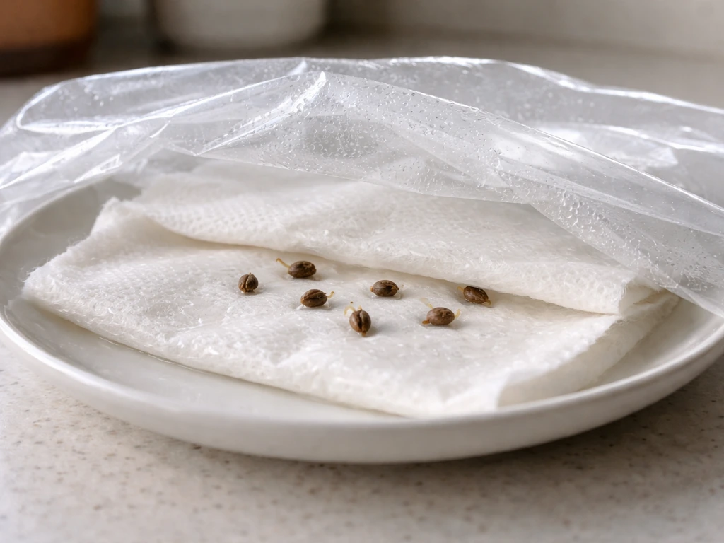 Moist paper towels on a plate with cannabis seeds beginning to crack, lightly covered to hold moisture.