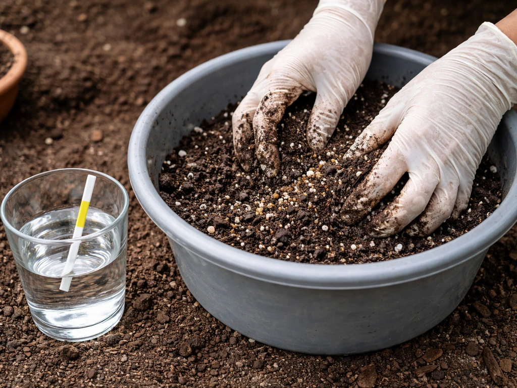 Close-up of hands mixing soil with amendments in a bucket and a pH test strip near water