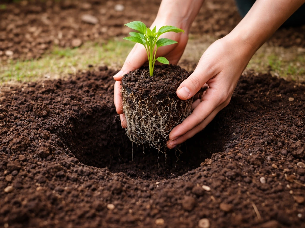 Hands place a young seedling’s intact root ball into a pre-moistened outdoor hole.