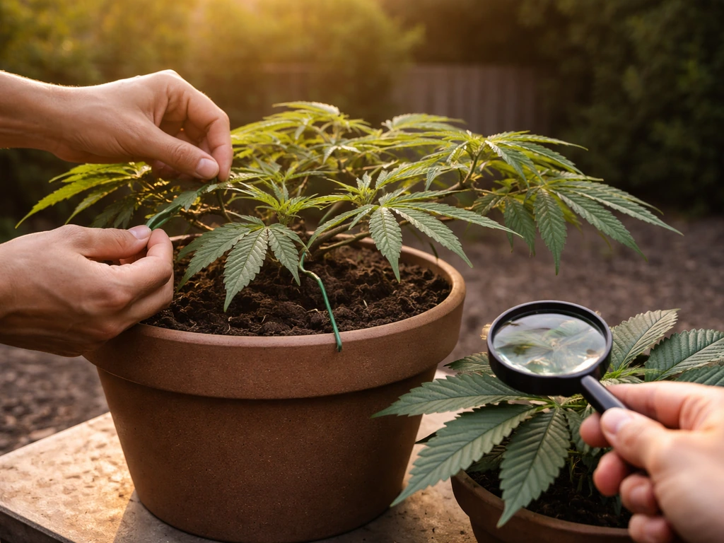 Close view of a small outdoor cannabis plant gently tied down with a helper checking leaves for pests