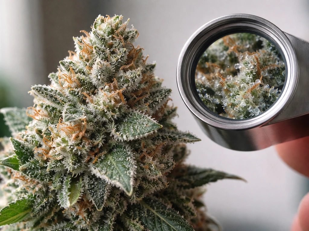 Handheld jeweler’s loupe viewing resin trichomes on a close-up cannabis bud at harvest stage.