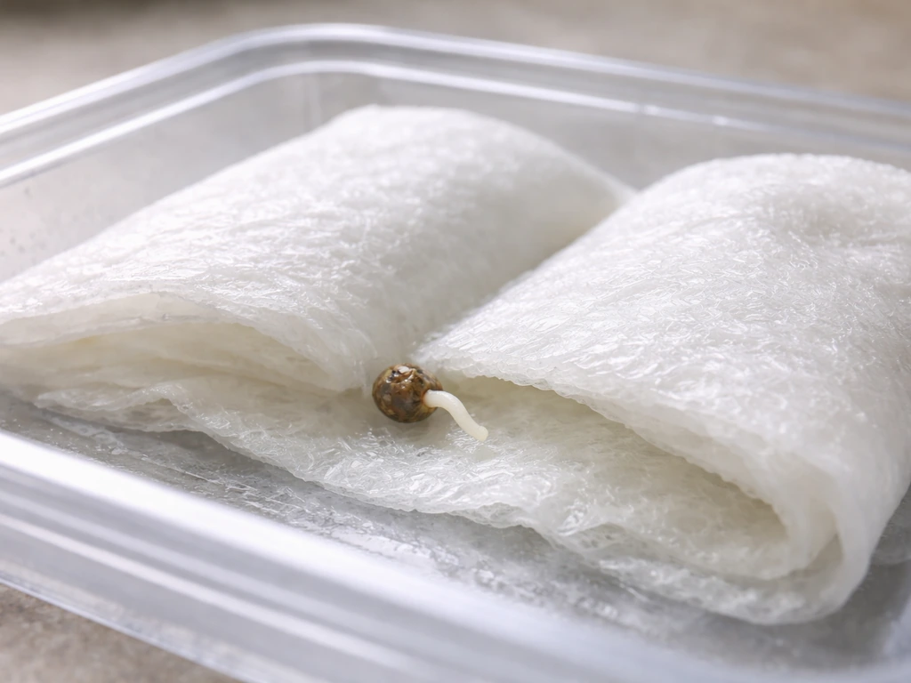 Close-up of damp paper towels holding a cannabis seed as a taproot emerges in a clear tray.