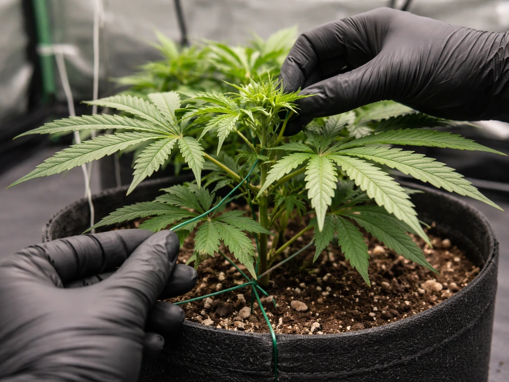 Gloved hands gently topping and bending a healthy indoor veg plant with training wire.