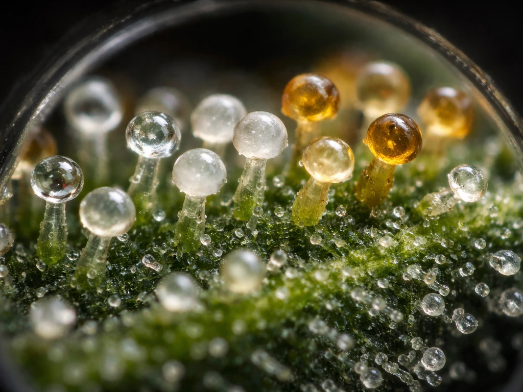 Close-up trichomes under jeweler’s loupe, showing clear, milky, and amber gland heads in soft focus.