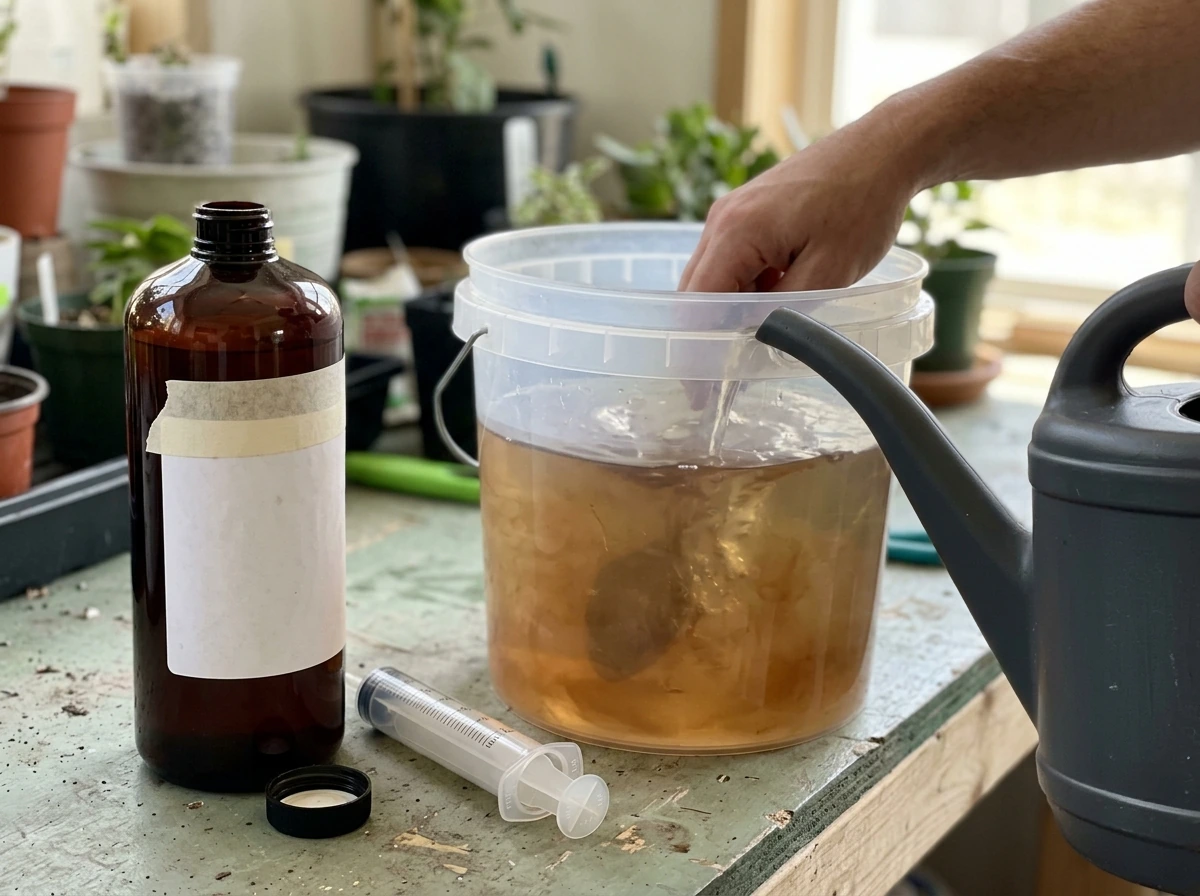 Mixing bloom nutrients for flowering before filling a watering can.