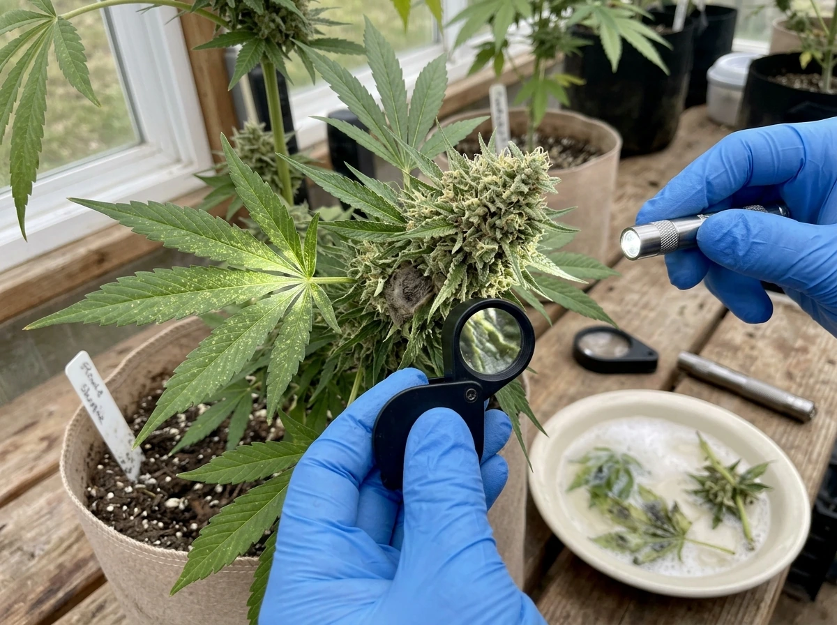Magnifying a cannabis bud to check for rot/mold and pest signs.