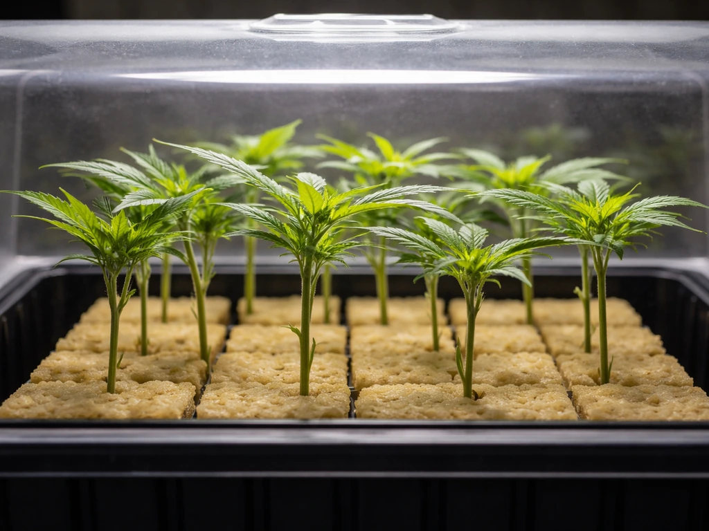 Cannabis cuttings in a propagation dome under gentle light, ready for rooting in cloning medium