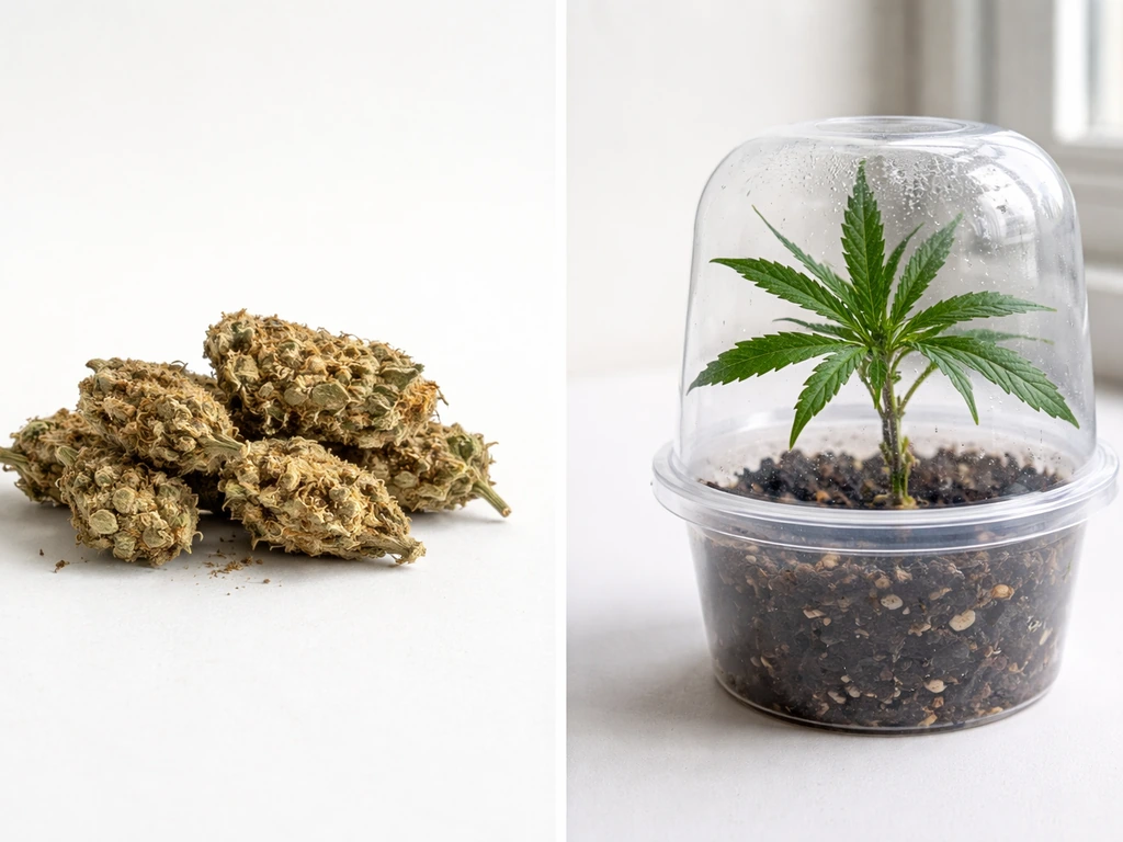Side-by-side: dried dispensary-style cannabis buds next to a fresh live cannabis cutting in rooting medium.