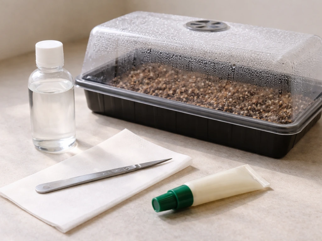 Minimal tabletop photo of sterile razor, isopropyl alcohol, rooting gel, and a clear-dome propagation tray.
