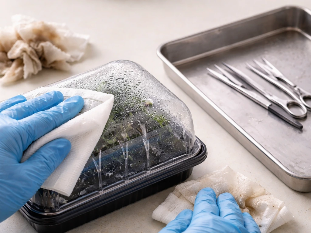 Gloved hands wipe a propagation tray and clear dome with cloth soaked in isopropyl alcohol, with clean vs dirty contrast