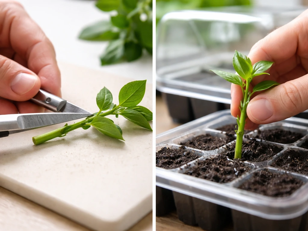 Close-up of a sterile blade trimming a healthy branch tip with nodes and placing it into propagation medium.