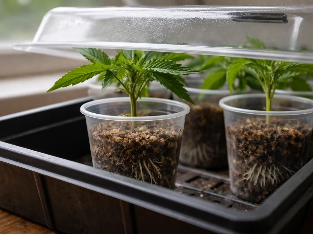 Close-up of cannabis clone roots forming under a slightly vented humidity dome in a simple propagation tray.