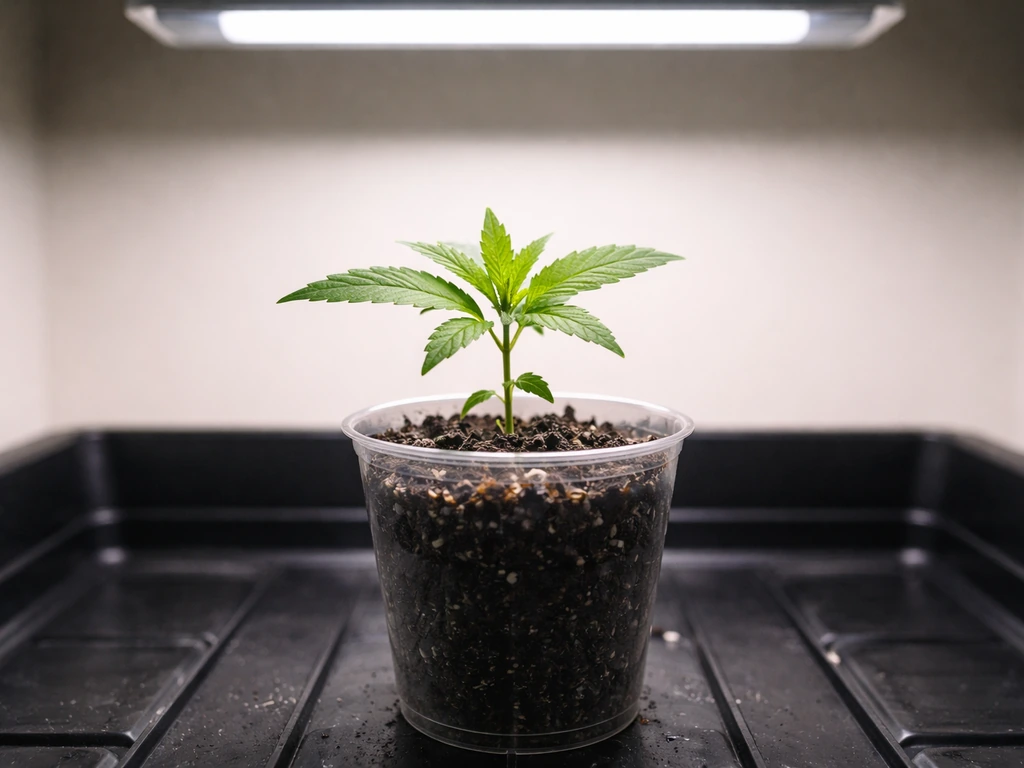 A single potted plant in a small indoor grow setup during early veg under a soft grow light.