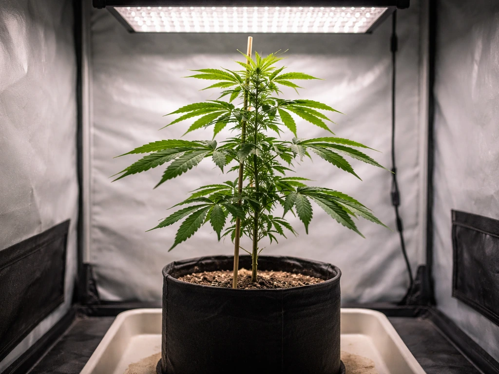 Indoor grow tent with one healthy cannabis plant under an overhead LED light, minimal beginner setup.