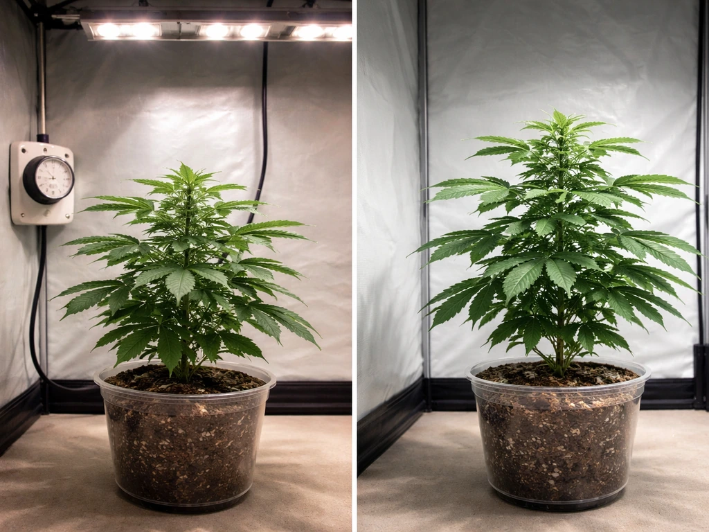 Indoor grow plants with a light timer beside one plant, steady lighting beside another for photoperiod vs autoflowering.