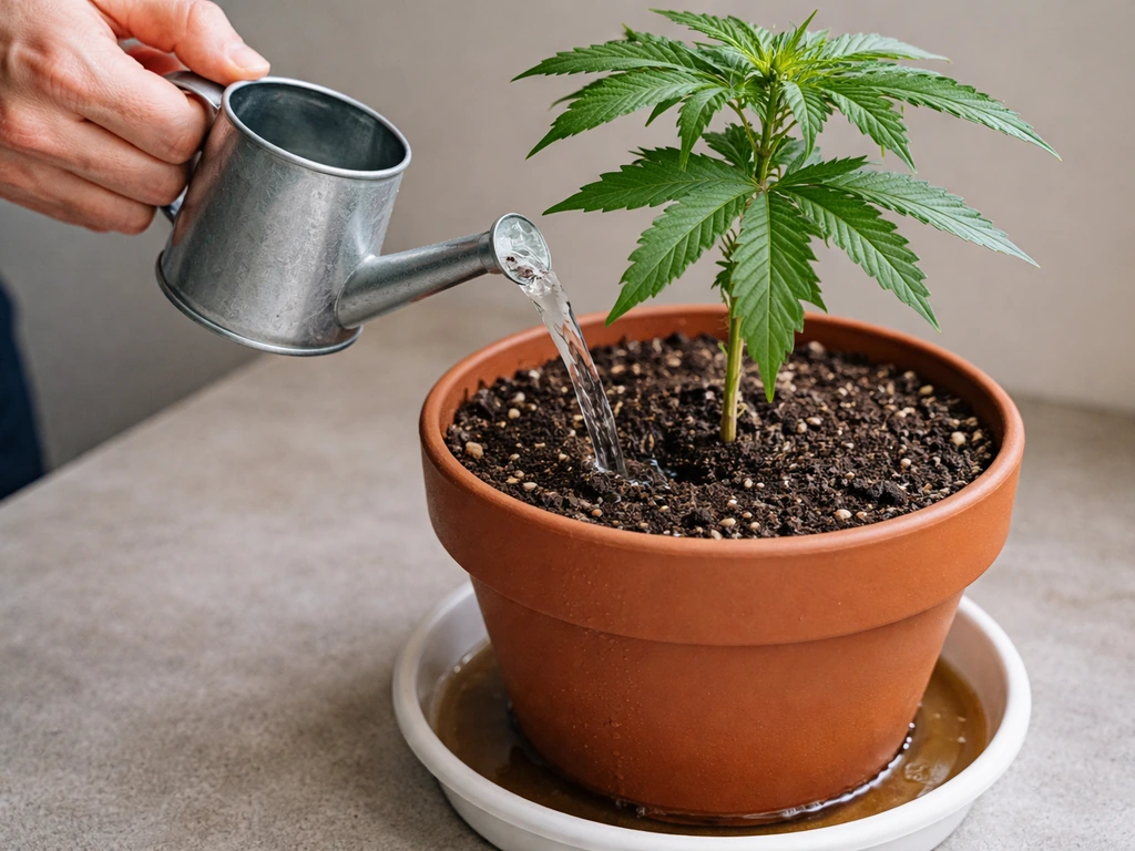 Hands slowly pouring water into a plant pot until runoff, with damp soil and a visible tray.