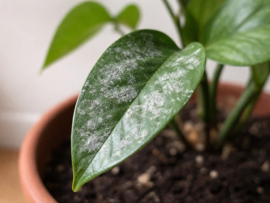 Close-up of plant leaves showing white powdery mildew patches next to a healthier green leaf.