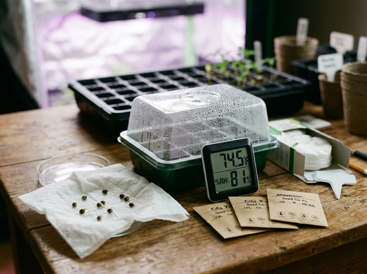 Seed-start setup with humidity dome, paper towels, and hygrometer for starting seeds