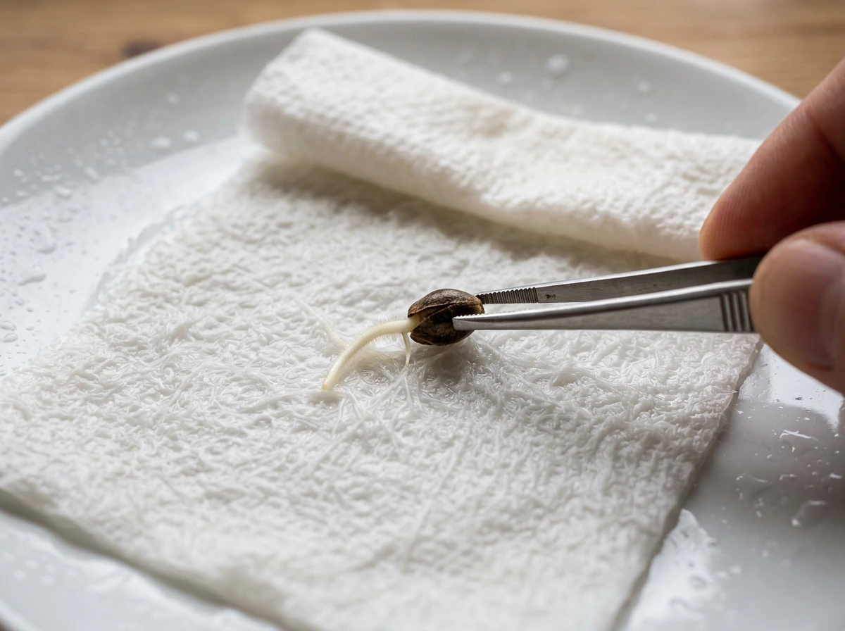 Taproot emerging from a cannabis seed on a moistened paper towel