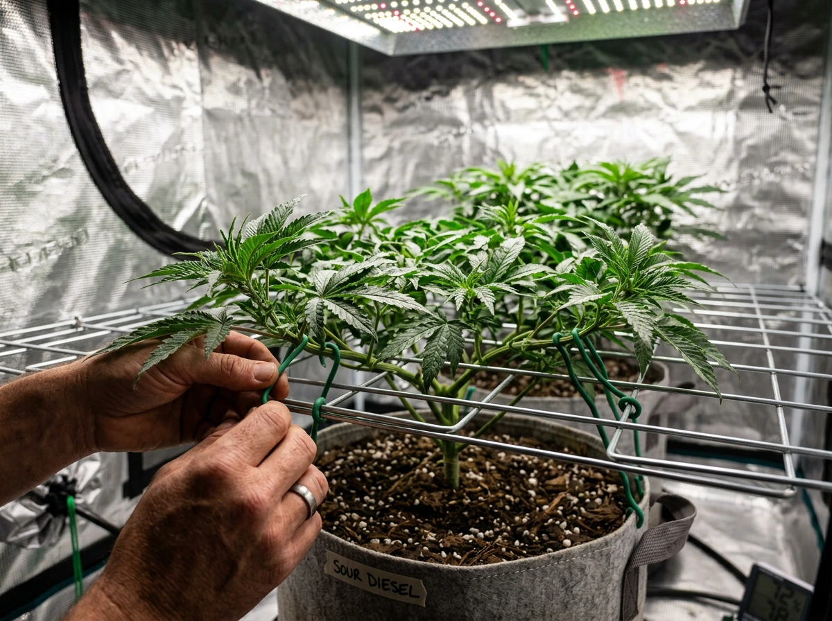 Low-stress training (LST) tying branches down to flatten the canopy