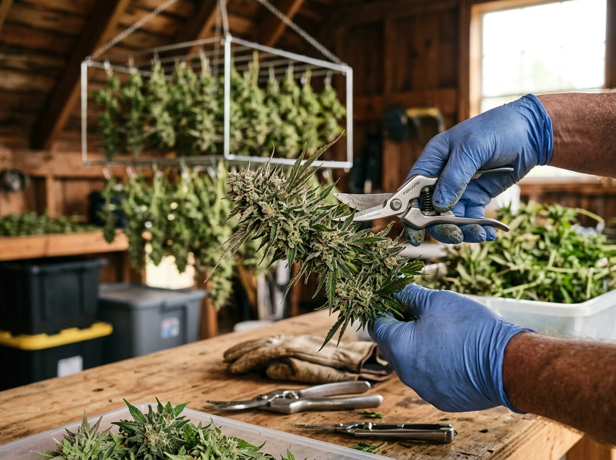 Trimming cannabis buds during harvest with pruners and drying rack nearby