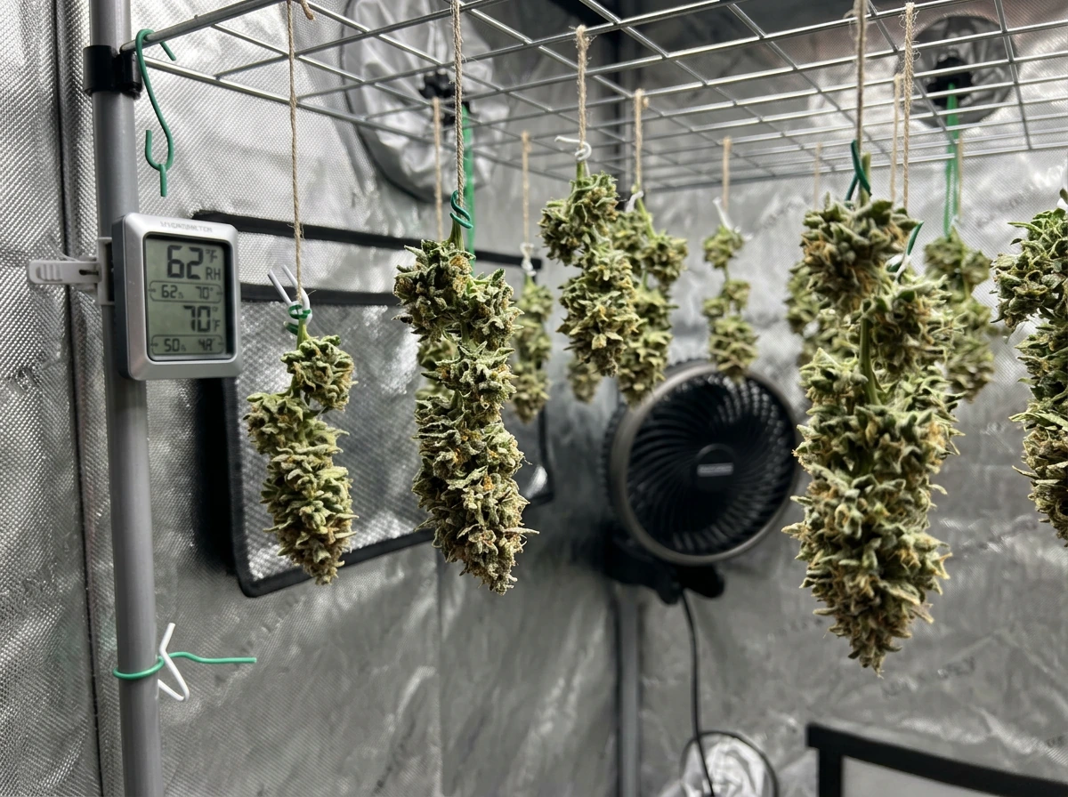 Buds hanging in a drying tent with humidity monitor and gentle airflow