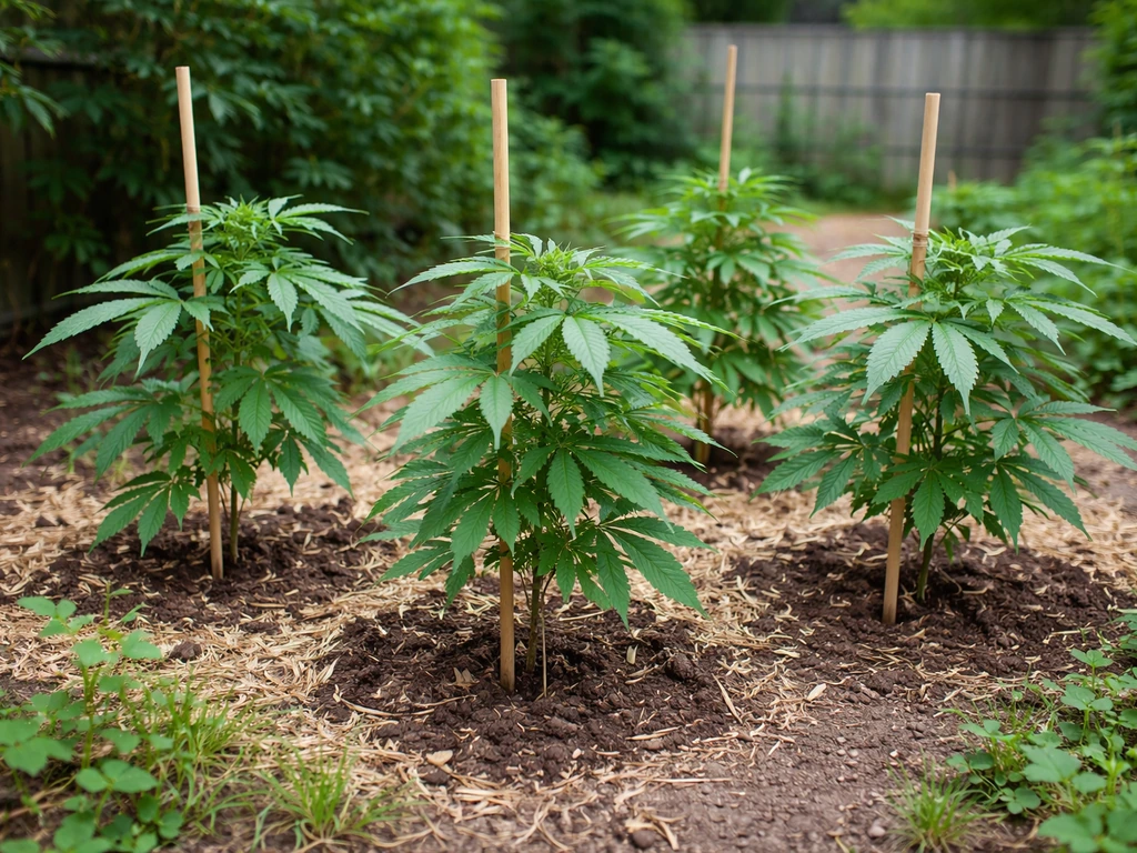 Outdoor cannabis plants in-ground under daylight, supported by simple stakes in a backyard garden.