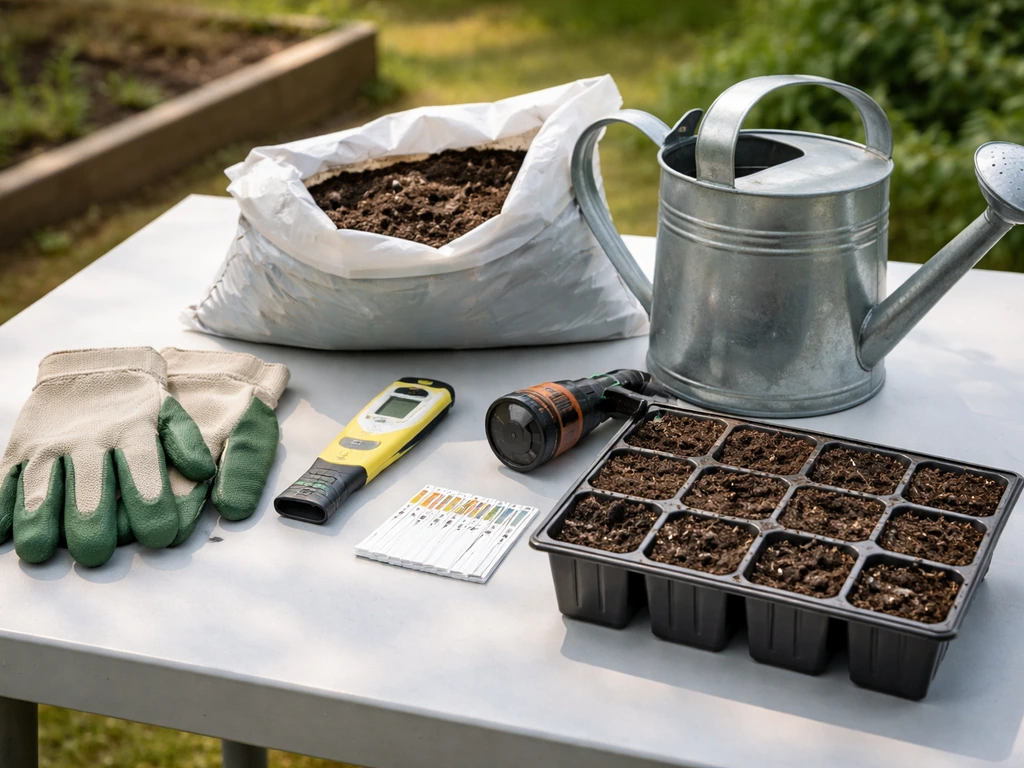 Outdoor table with neatly arranged gardening essentials: gloves, pH tools, soil mix, watering can, hose nozzle, seed tra
