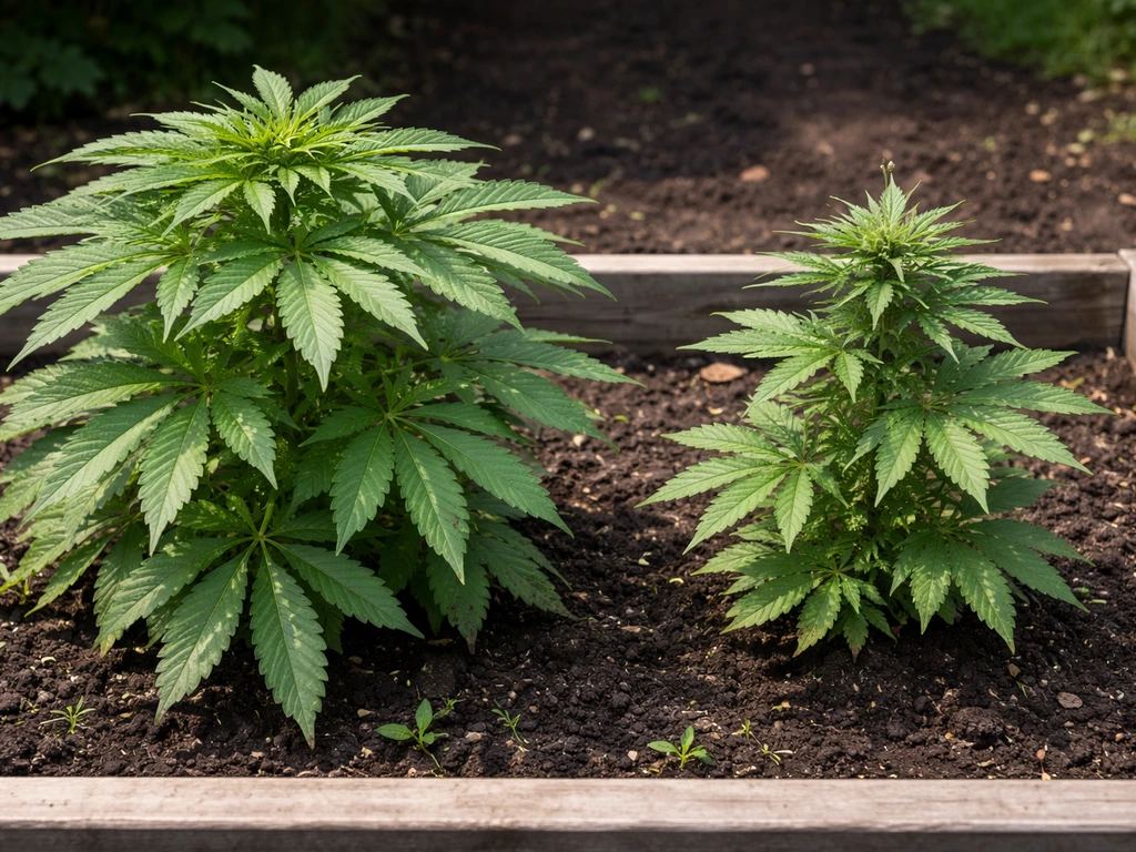 Two small outdoor cannabis plants side-by-side showing different growth stages in a backyard garden bed.