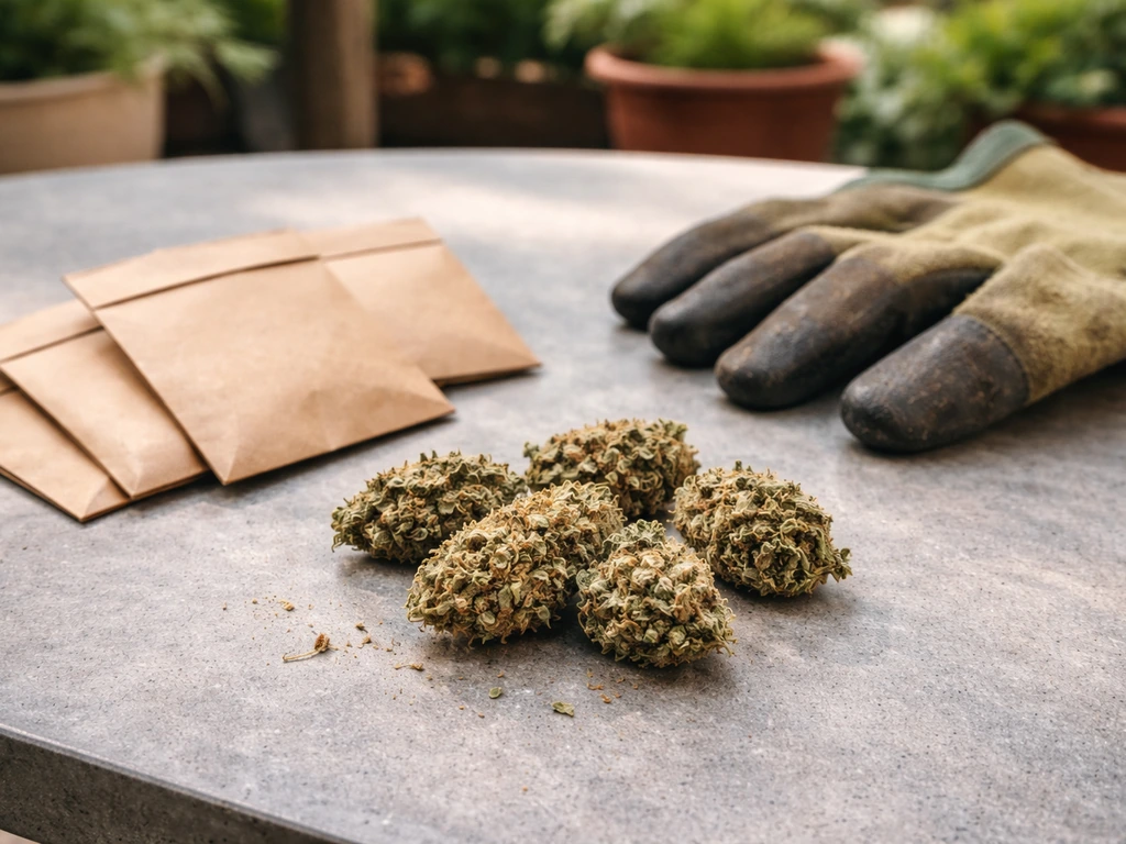 Close-up of cannabis buds and blank kraft seed envelopes on an outdoor patio table beside potted plants